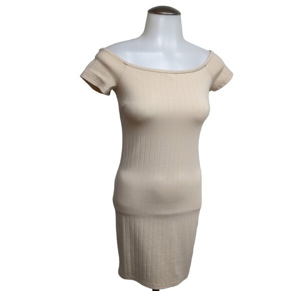 Forever 21 Dress Women Small Off Shoulder Ribbed Bodycon Fit Mini Beige S - Picture 1 of 5